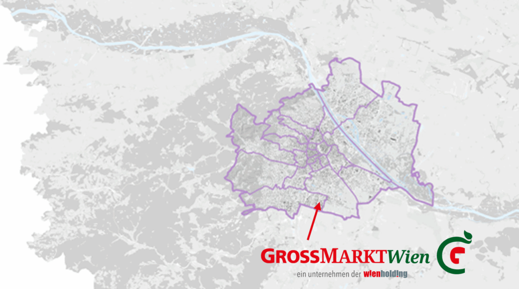 Karte von Wien mit umrandeten Bezirken und Pfeil auf den Standort vom Großmarkt Wien