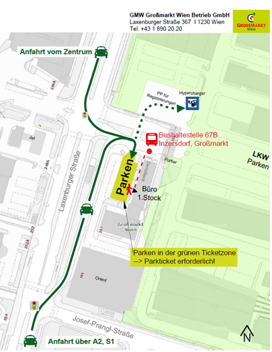 Anfahrtsplan zum Großmarkt mit PKW und Bus